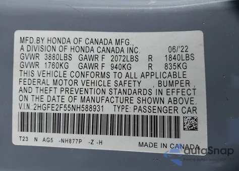 2022 Honda Civic Sport z USA, uszkodzony, nr VIN 2HGFE2F55NH588931